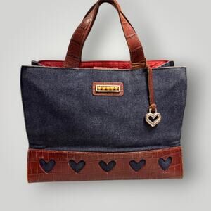 Vintage Y2k Brighton Blue Jean Denim Leather Tote Handbag Heart Motif